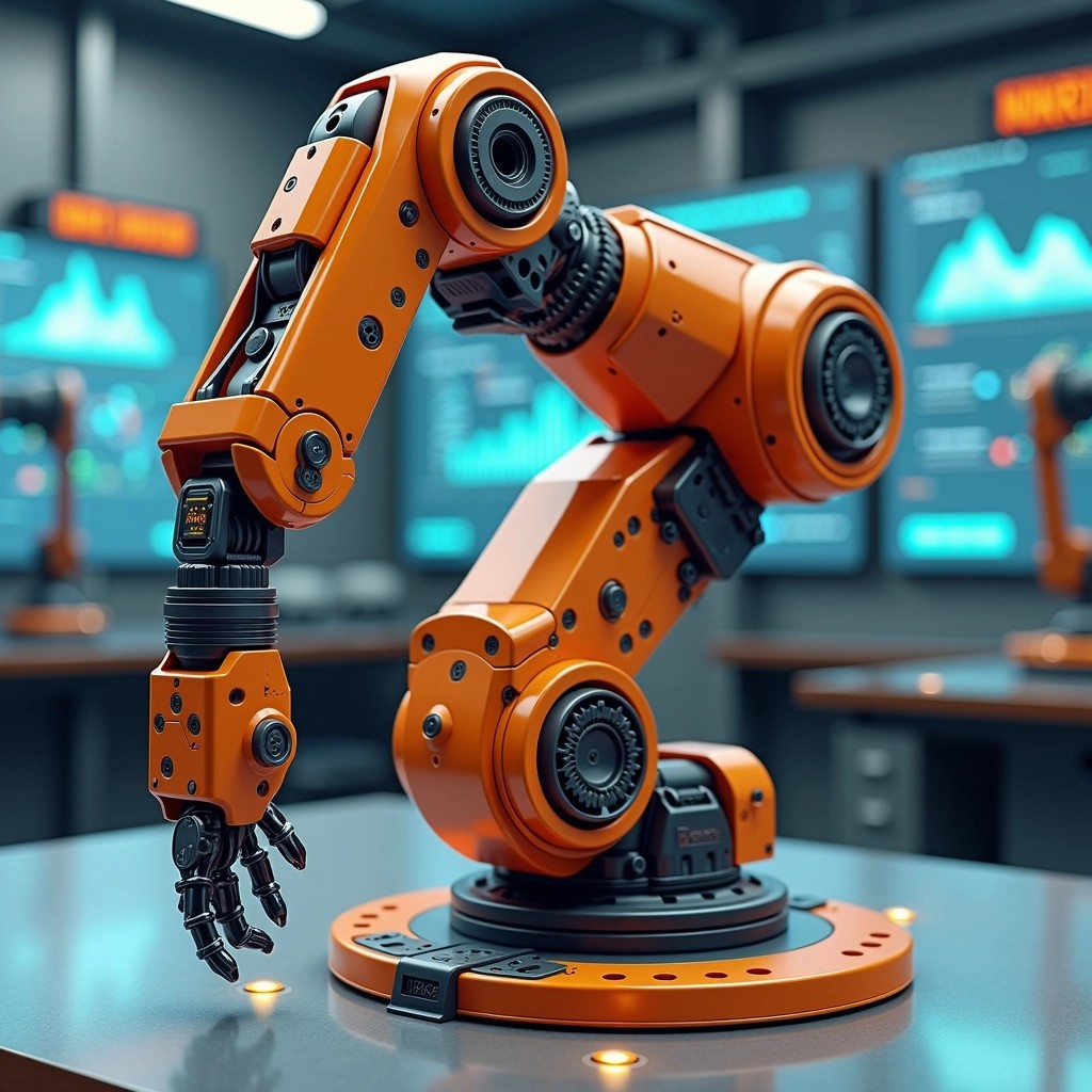 Design a robotic arm featuring a more futuristic aesthetic, with a sleek metallic silver finish instead of orange. The joints should display a modular design, showcasing visible gears and mechanisms, and replace the gripper at the end with a multi-tool attachment that includes a laser cutter, suction cup, and wrench functionality. Adjust the base to have a rotating platform with integrated lights to indicate its operational status. The background should depict a high-tech workshop environment, with digital screens displaying robotic metrics and data streams.
