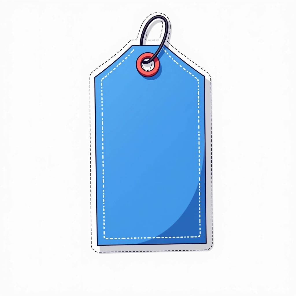 **Design Breakdown Prompt:**
- Shape: Create a rectangular price tag with rounded corners.
- Color: Use a bright blue color instead of red.
- Loop: Replace the loop at the top with a small square hole.
- Background: Change the background to white to enhance contrast.
- Features: Add a dashed outline around the tag to indicate perforation.
Make sure to keep the overall simplicity and boldness of the design.