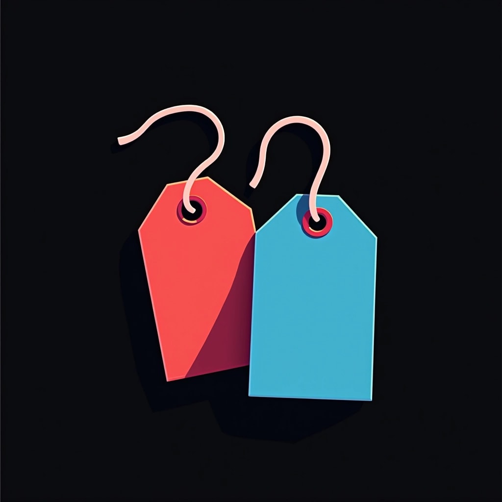 Create an image featuring a simplified price tag design. Change the shape to be more rounded and use a blue color instead of red. Remove any brand references and replace the hook with a simple loop. The background should remain black for contrast.