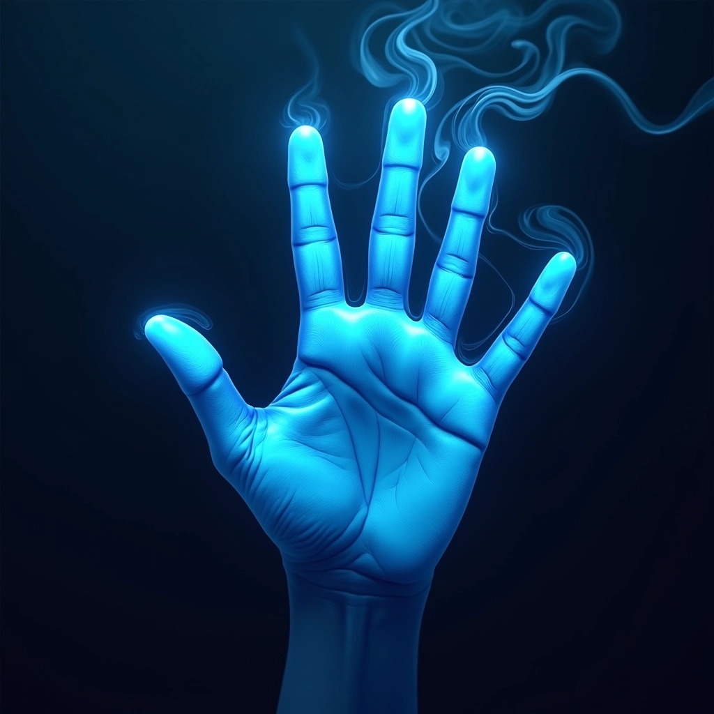 Create an image featuring a glowing blue hand print with swirling wisps of smoke in shades of dark blue and teal surrounding it. Change the background to a deep navy color to enhance contrast, and use a more abstract design for the hand's contours, emphasizing a digital, modern aesthetic. Remove any brand or social media references from the composition.