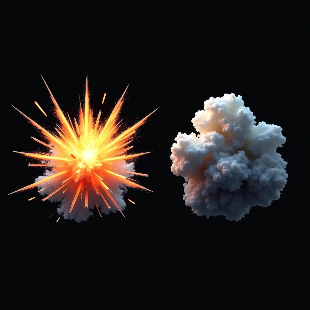Create a visual design featuring two distinct explosion effects on a black background.
1. **Left Explosion**:
- A vibrant burst with a mix of bright orange and yellow flames at the center.
- Surrounding the flames, add white and gray smoke that shoots outwards in sharp, elongated spikes, creating a sense of dynamic motion.
2. **Right Explosion**:
- A more subdued cloud burst with dark gray and soft white tones, resembling a thick mushroom cloud.
- The base of this explosion should have a slightly rounded shape, puffing upward with softer edges and less pronounced spikes.
Ensure both explosions exhibit energetic movement, contrasting the bright and dark elements effectively while avoiding any direct brand references.