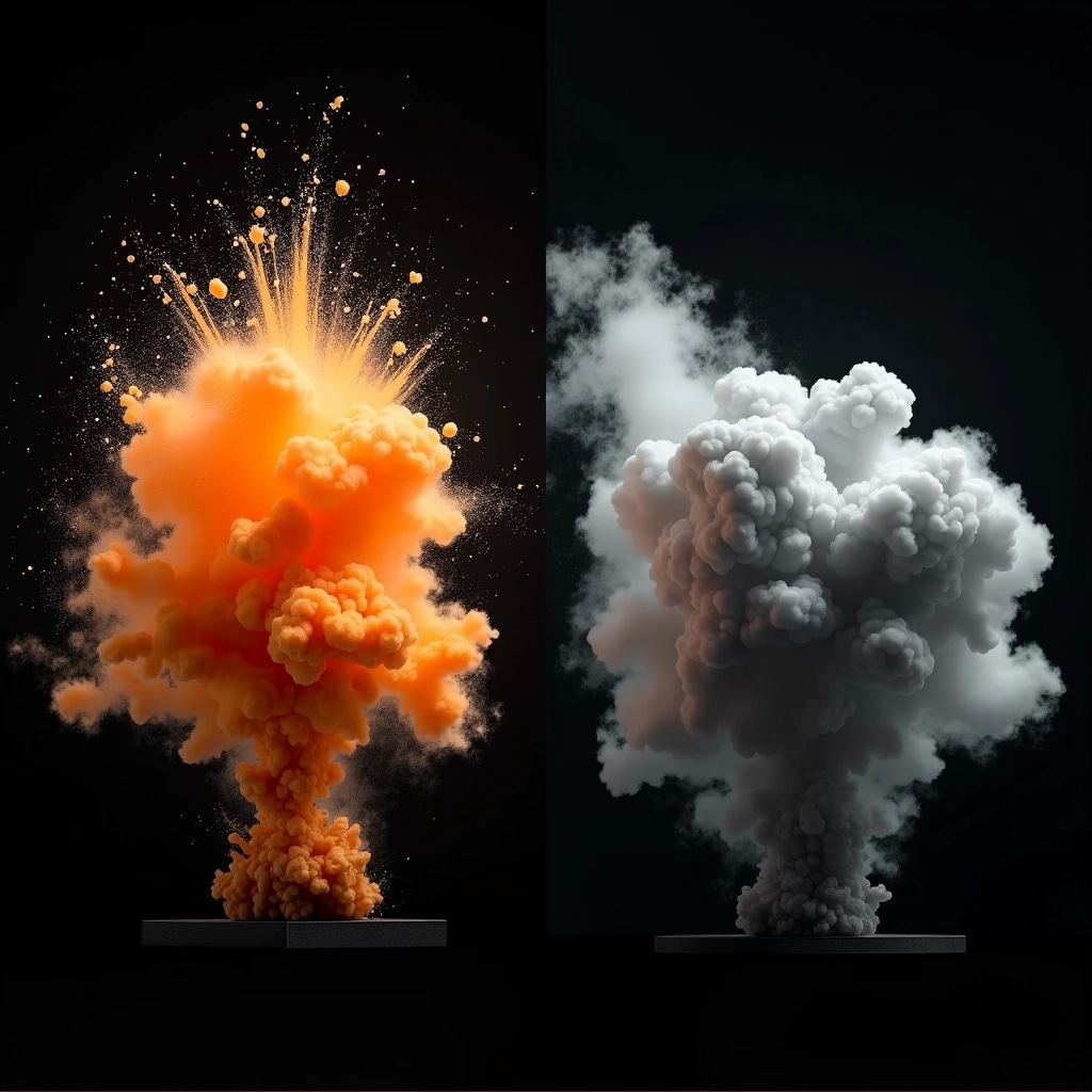 Create an explosion effect with less vibrant colors: use muted shades of orange and gray. Instead of sharp, spiky elements, incorporate softer, billowing cloud shapes. The left explosion should appear more circular and less chaotic, while the right one should include lighter gray smoke with a smoother, undulating appearance. Remove any brand elements or logos and ensure the background remains solid black.