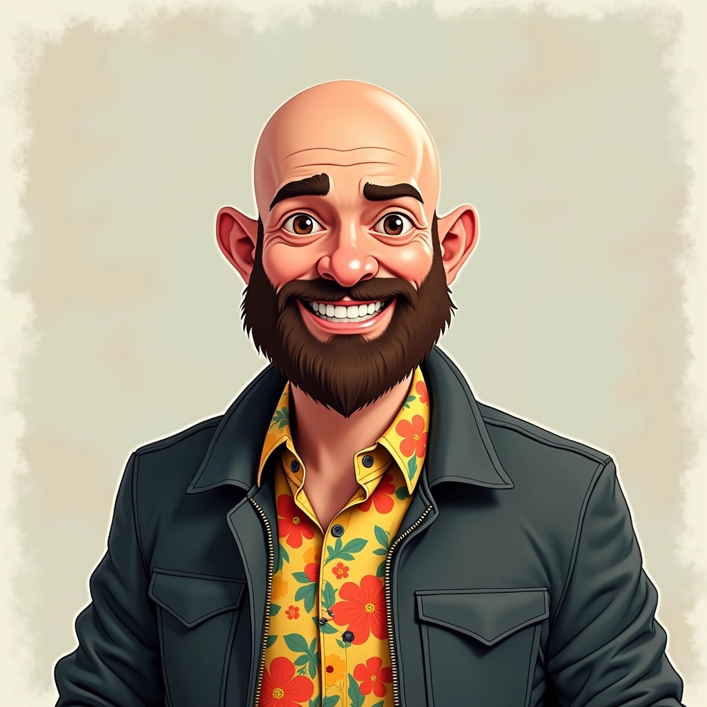 Design a character with a bald head and a prominent beard, wearing a dark jacket over a bright floral shirt. Change the expression to be more cheerful, and place the character against a simple, textured background with soft colors instead of the original pattern. Remove any specific brand or iconic references to maintain originality.