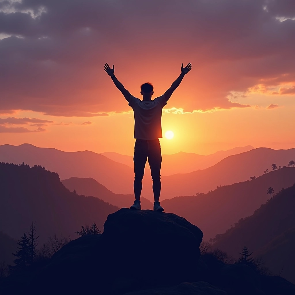 Create an image featuring a person standing on a rocky outcrop against a backdrop of rolling hills at dusk. The individual should have their arms raised in a victorious pose. Adjust the landscape to include vibrant orange and purple hues in the sky, emphasizing a serene atmosphere. Instead of mountains in the background, use gentle hills with a few scattered trees. Ensure the figure is outlined in silhouette, maintaining a sense of mystery and empowerment.