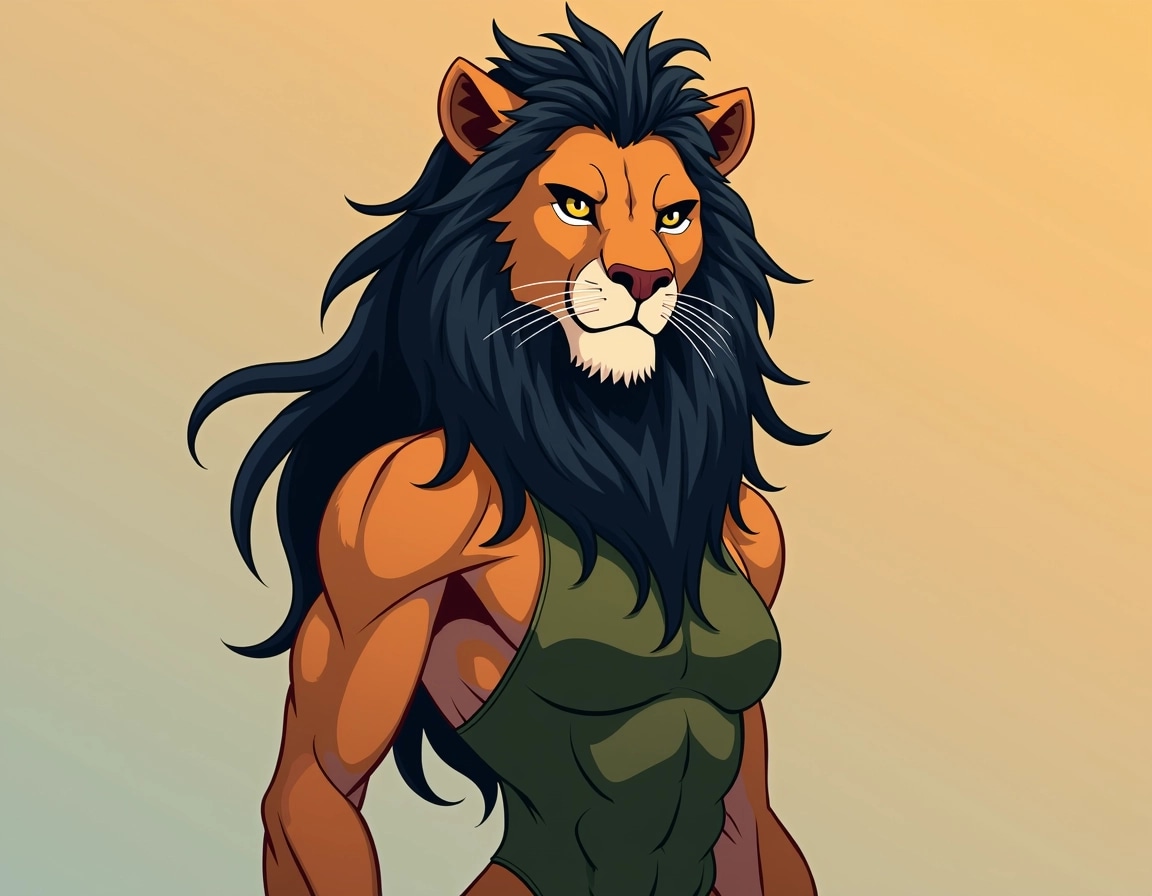 Create an illustration featuring a humanoid character with a lion's face, combining features from both human and animal. The character should have long, flowing, dark mane-like hair and deep, expressive eyes. Instead of a furry body, design the character wearing a sleek, textured outfit that resembles natural colors and patterns found in a forest. The background should be a soft gradient, transitioning from warm to cool colors to provide contrast without specific brand elements.