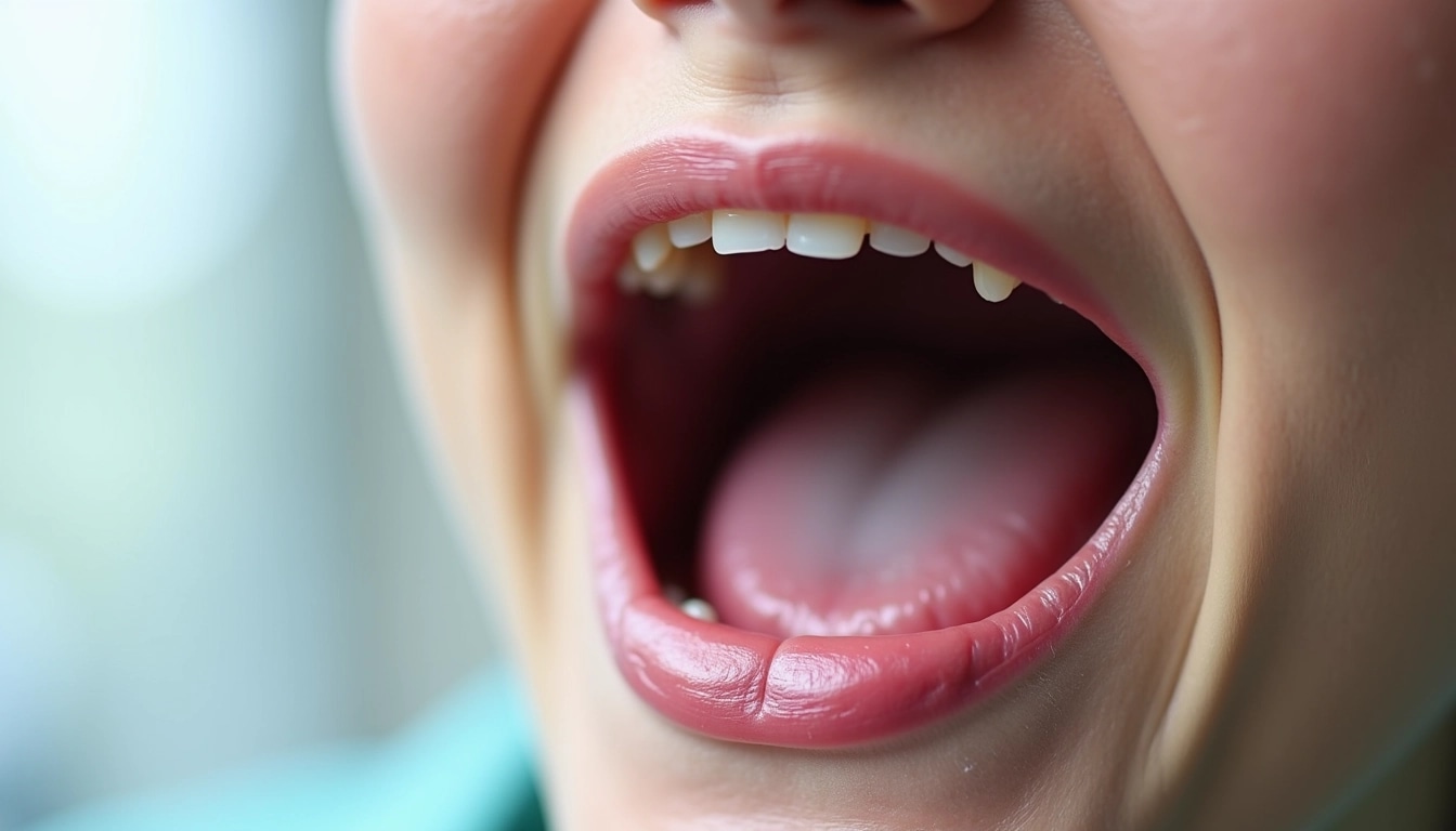 Reimagine the image of an open mouth, focusing on the interior without brand references. The setting transitions to a more clinical perspective, showcasing a healthy throat with a slight inflammation, avoiding any visible lesions or unwanted features. The lighting is bright and even, highlighting the texture and color variations of healthy tissues while maintaining a sterile atmosphere. The tongue could be slightly visible but in a neutral position, emphasizing the overall health of the oral cavity.