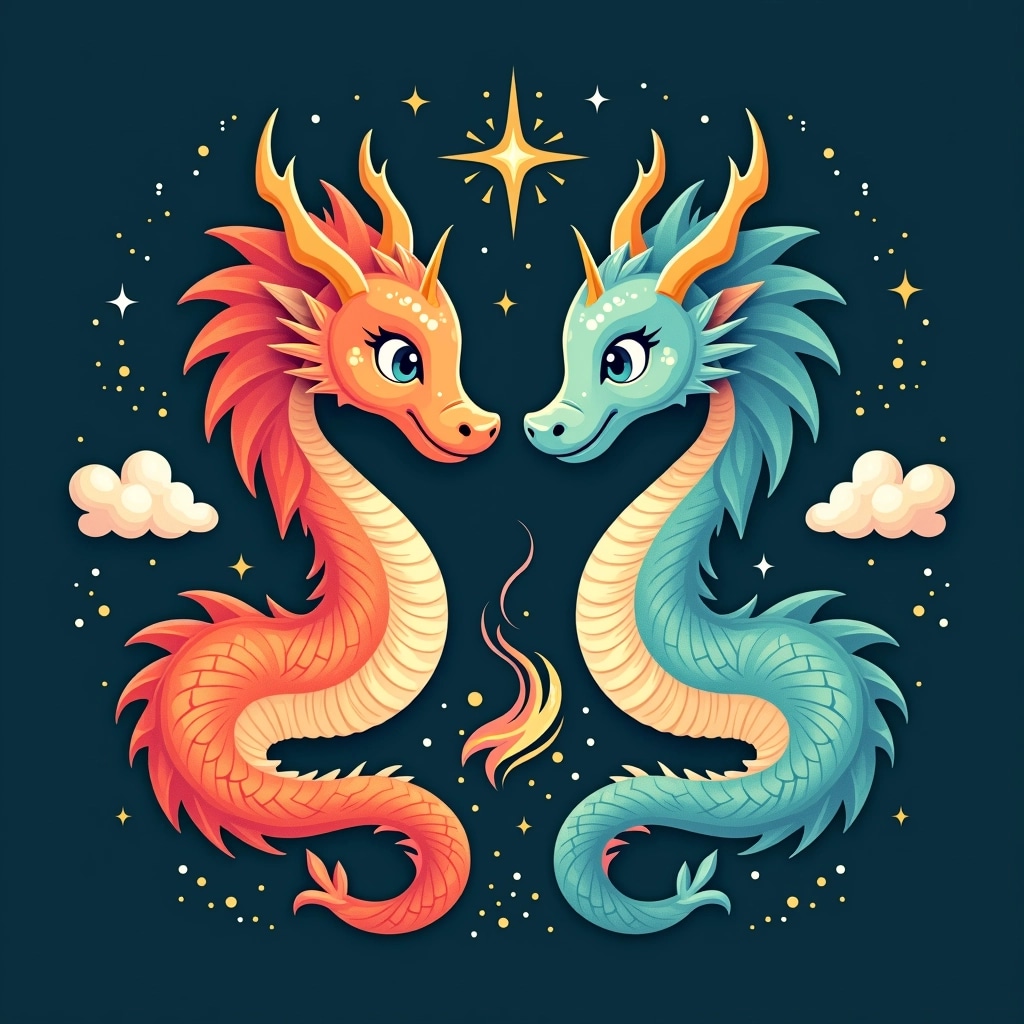 Create an illustration featuring two mythical serpent-like creatures facing each other, one in warm shades of crimson and orange, and the other in cool hues of teal and azure. Modify their designs to have more elongated bodies and flowing, feathery fins instead of traditional scales. Surround them with swirling wisps of clouds and small sparkling stars against a deep navy background. Ensure that the overall composition is symmetric, with both creatures maintaining striking, expressive features, but without any specific brand references or logos.