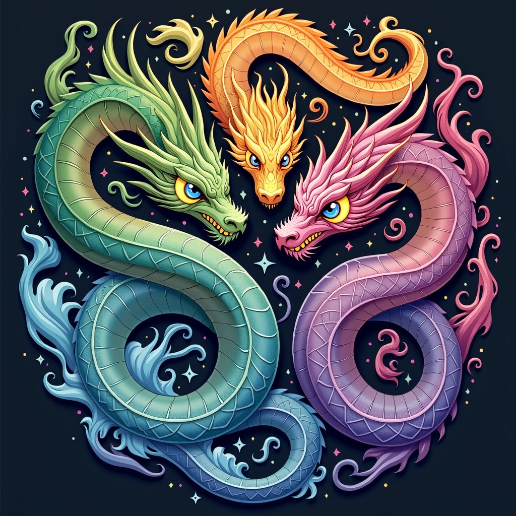 Design a circular composition featuring four vibrant, mystical serpents interwoven together, each styled with unique colors and element motifs. Change the colors of the serpents to a mix of green, purple, blue, and gold. Remove any fire elements and replace them with flowing water and swirling clouds. Ensure that their eyes are bright and express fierce determination, and include abstract patterns in the background to enhance the mystical feel without any brand references.