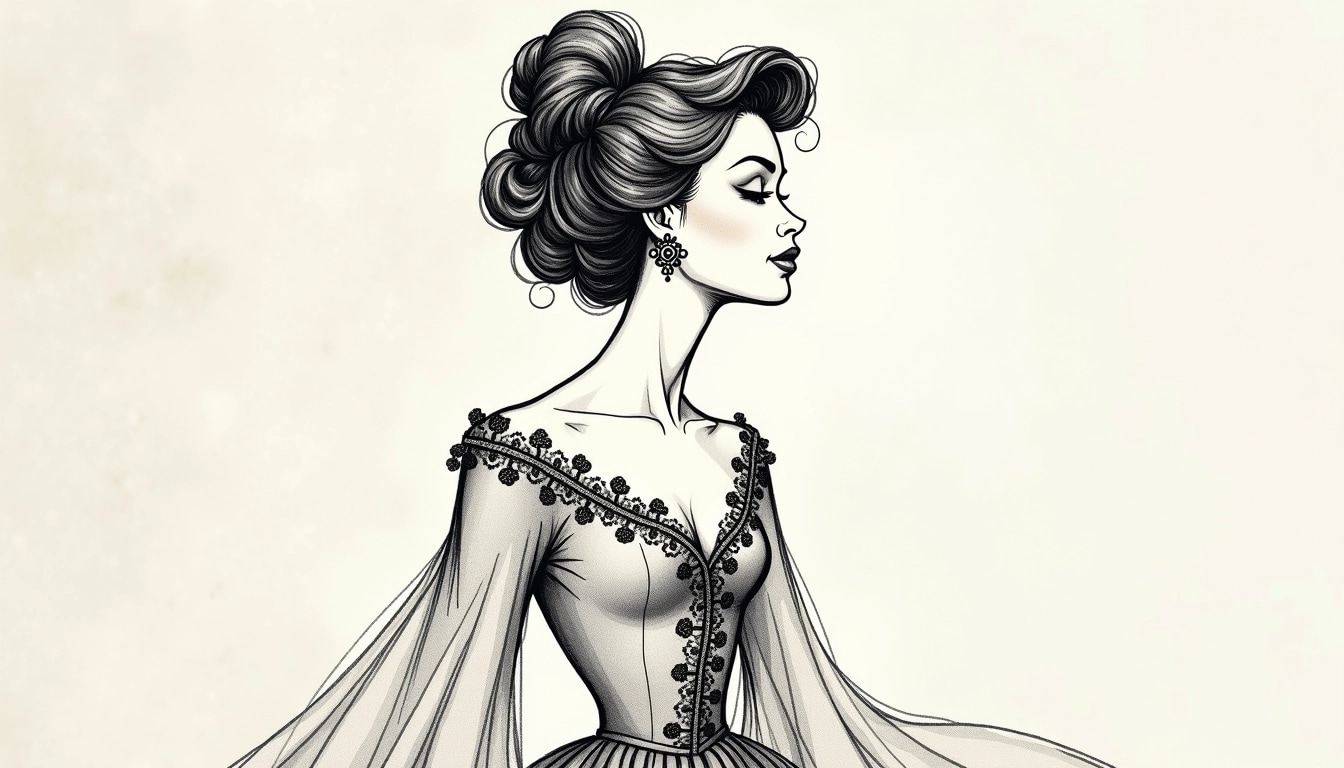 Create a sketch of a woman in profile, featuring a large, elegantly styled hairdo that sweeps upward with soft curls. She wears a flowing gown with a high neckline and intricate lace trim. Emphasize the expressive features of her face, particularly her confident expression and a slightly pointed chin. Instead of modern accessories, include vintage-style earrings. Change the background to a simple, textured pattern that suggests elegance without any brand references.