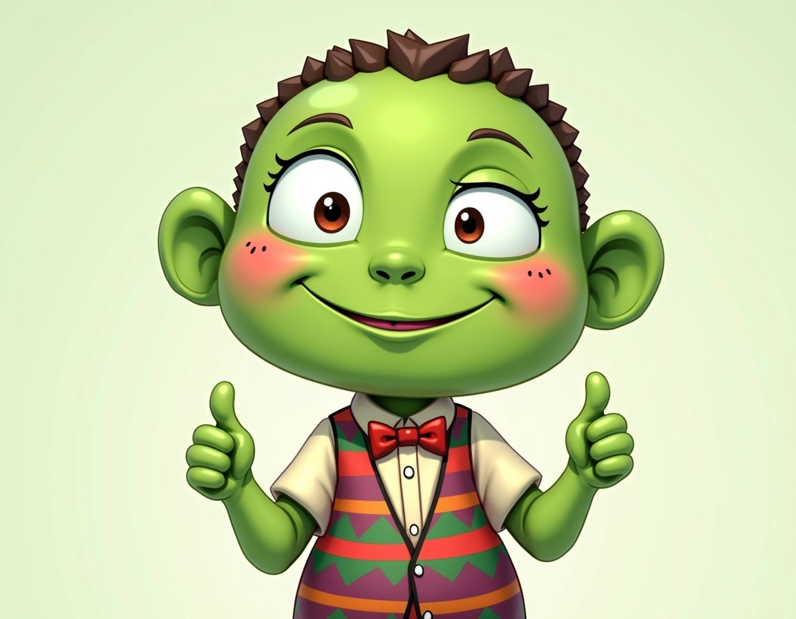 Create a cartoon character featuring a round, oversized head with large, expressive eyes and a wide smile. The character should have a bright green skin tone and small pink blush on its cheeks. Change the outfit to a colorful, patterned vest with a bow tie instead of stripes. The character's hands should be animated, giving a playful thumbs-up. Add small, quirky details like a few freckles on the cheeks and a playful wink in one eye.