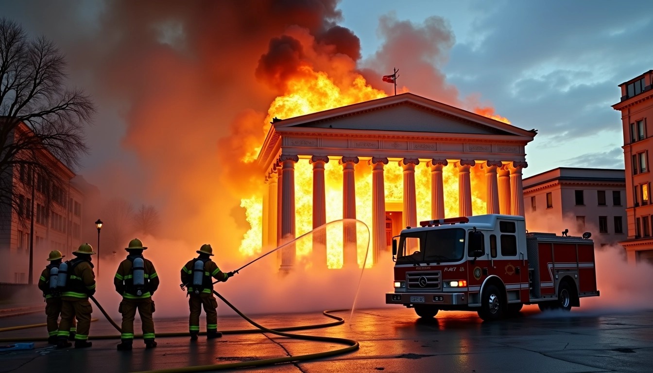 Create an image depicting firefighters battling a large blaze in front of a classical building with columns. The scene should feature a structure engulfed in flames, surrounded by thick smoke. In the foreground, include several firefighters in protective gear working with hoses, directing streams of water at the fire. Use a fire truck with a different color scheme and omit any branding. Change the setting to an urban area with modern buildings in the background and alter the time to dusk, creating a dramatic contrast between the flames and the darkening sky.