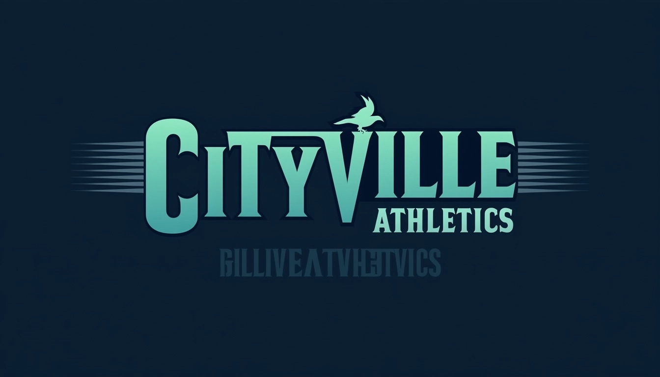 Create a design for a hoodie featuring the word "Cityville" in bold, modern typography at the top. Below it, include the word "Athletics" in a smaller, italicized font. Use a sleek, stylized silhouette of a bird instead of any brand-specific logo, placed to the left of the text. Change the color scheme to a gradient of teal and navy, and place thin horizontal lines above and below the text for emphasis. The background should be a solid dark color to make the text pop.