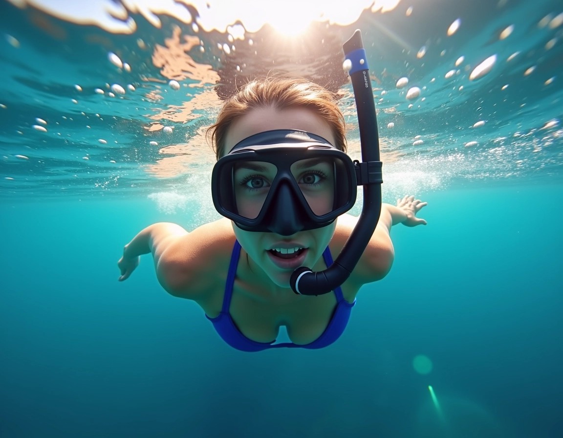 Create an underwater scene featuring a person swimming with a snorkel and mask. Change the person's hair color to dark brown and adjust the snorkel mask to be completely black. The swimmer should be wearing a vibrant blue wetsuit instead of a bikini. The water should remain clear, with rays of sunlight penetrating from above, creating a serene atmosphere. Remove any branding or logos from the equipment.