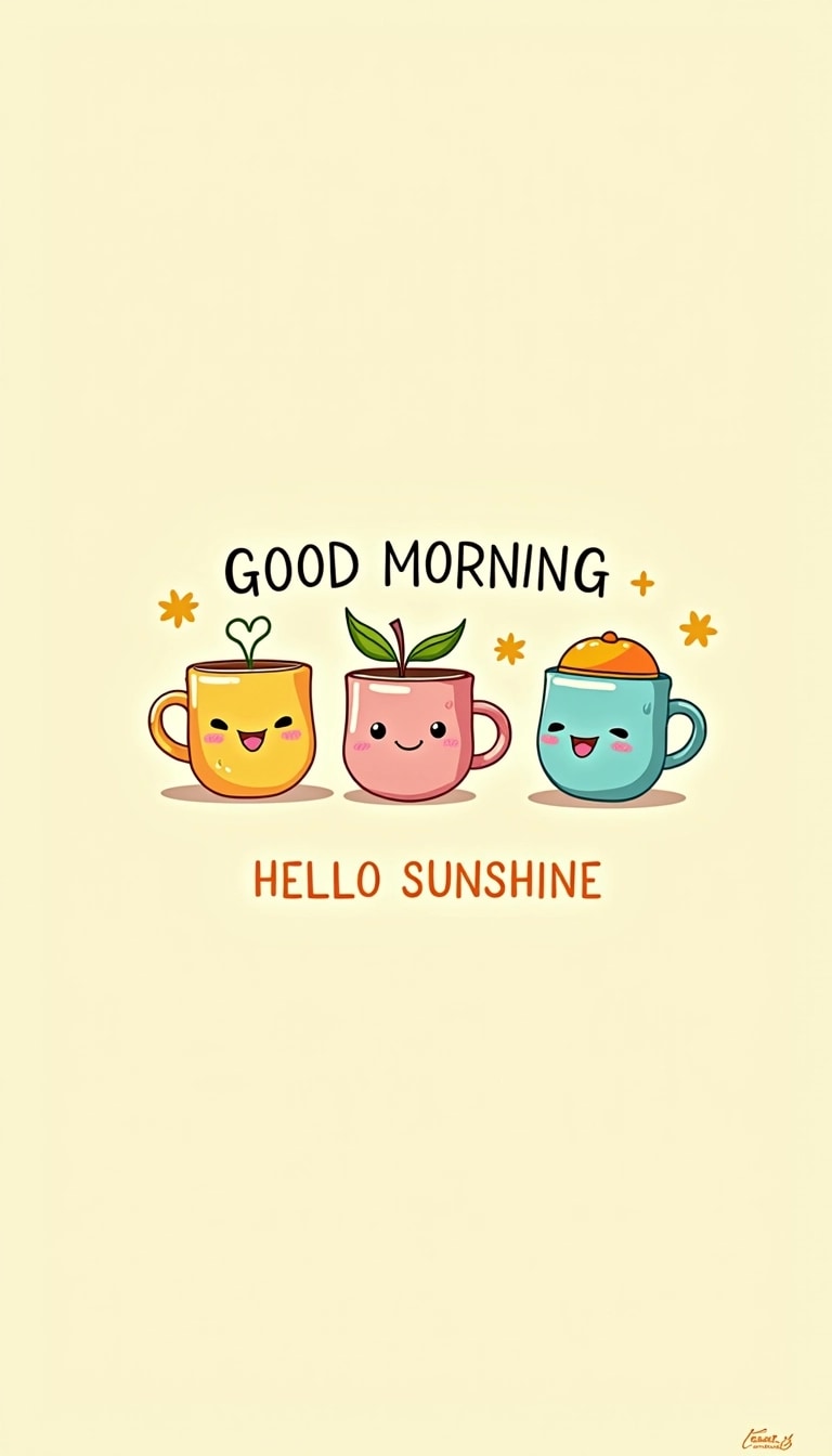 **Design Breakdown:**
1. **Main Text:**
- Change "GOOD MORNING" to "HELLO SUNSHINE"
- Use a playful font with vibrant colors.
2. **Imagery:**
- Replace the cute mugs with cartoon-style fruit cups (e.g., orange and lemon) that have happy faces.
- Introduce a small, whimsical flower instead of a plant on one of the cups.
3. **Background:**
- Use a bright, cheerful kitchen background instead of a blurred indoor setting.
4. **Additional Elements:**
- Add small animated stars or sparkles around the cups for a more whimsical touch.
5. **Text Below:**
- Change the text to a positive message like "Start your day with joy!" in a friendly, curvy font.
6. **Color Palette:**
- Use pastel colors to maintain a light and uplifting mood, avoiding brand-specific colors.
7. **Layout:**
- Arrange the cups in a playful, staggered manner rather than a straight line, enhancing a fun vibe.
By implementing these changes, the design will maintain a cheerful morning theme while being distinct and brand-free.
