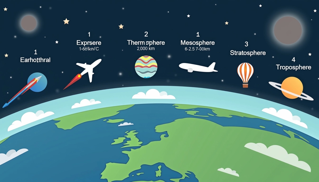 **Concept: Layers of Earth's Atmosphere**
1. **Exosphere**
- Icon: Stylized spacecraft
- Temperature: 1200°C
- Altitude: 800 to 3000 km
2. **Thermosphere**
- Icon: Aurora depiction with colorful waves
- Temperature: -86.5 to 1200°C
- Altitude: 80 to 800 km
3. **Mesosphere**
- Icon: Shooting star or small meteor
- Temperature: -2.5 to -86.5°C
- Altitude: 40 to 90 km
4. **Stratosphere**
- Icon: Balloon or circular object
- Temperature: -56.5 to -2.5°C
- Altitude: 11 to 50 km
5. **Troposphere**
- Icon: Simple airplane and landforms
- Temperature: 15 to -56.5°C
- Altitude: 0 to 12-18 km
**Design Elements:**
- Background: Starry night sky with subtle gradient
- Font: Modern sans-serif for clarity
- Color Scheme: Soft blues and greens contrasted with warmer colors for icons
**Features to Alter:**
- Change icons to represent different modes of travel (e.g., hot air balloon instead of a passenger plane).
- Introduce playful cloud shapes in the background instead of solid colors.