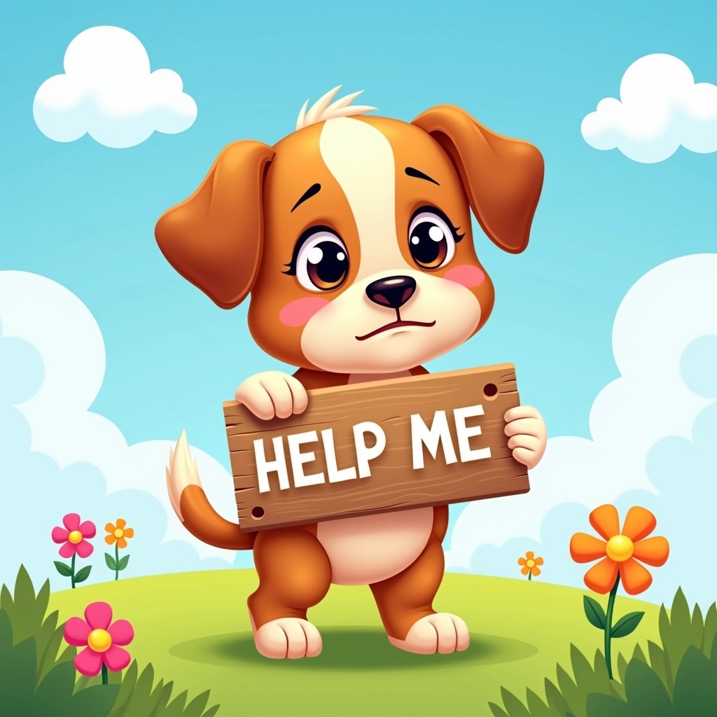 **Prompt:**
Create an image of an adorable cartoon puppy with big, sparkling eyes and a slightly sad expression. The puppy is holding a wooden sign that says "HELP ME" instead of anything brand-related. The background features a bright blue sky with fluffy white clouds and a green grassy field dotted with colorful flowers. The overall tone should be cute and whimsical.