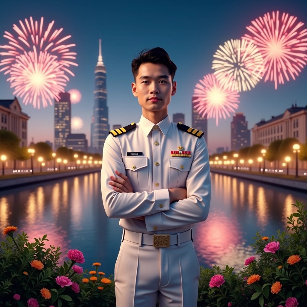 Design a new image featuring a young man in a formal white uniform with shoulder epaulettes, standing confidently with his arms crossed. Change the background to a vibrant city skyline at night, illuminated with a variety of colorful fireworks. Include a serene river flowing through the city, reflecting the lights and fireworks. Replace the ornamental building with a modern structure that harmonizes with the cityscape. Add lush greenery and colorful flowers in the foreground to frame the scene without any brand references.