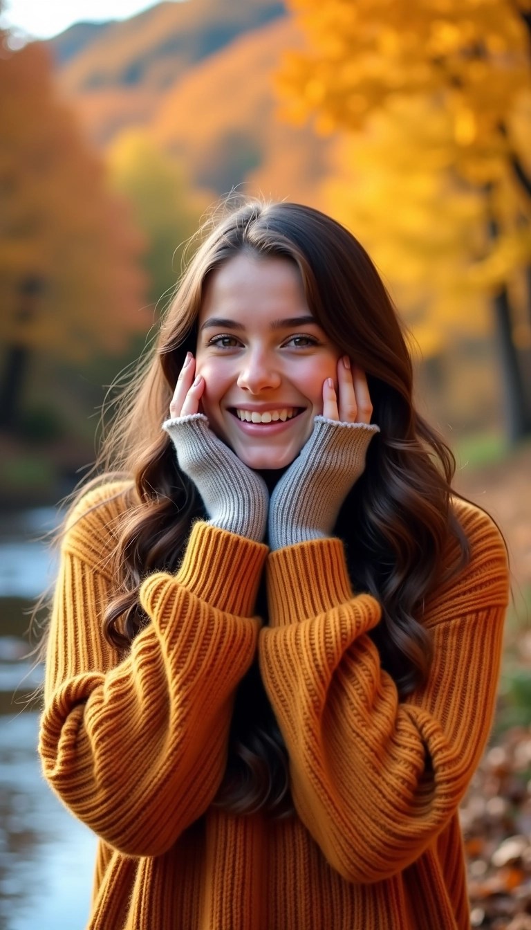 Create an image of a young woman with long, wavy hair, smiling softly while holding her hands to her cheeks. Change the background to a vibrant autumn landscape with colorful leaves and a gentle stream. Instead of a winter coat, she wears a cozy, oversized sweater in a warm hue, and her hands are adorned with fingerless gloves. Adjust the lighting to a soft golden hour glow, highlighting the woman's joyful expression.