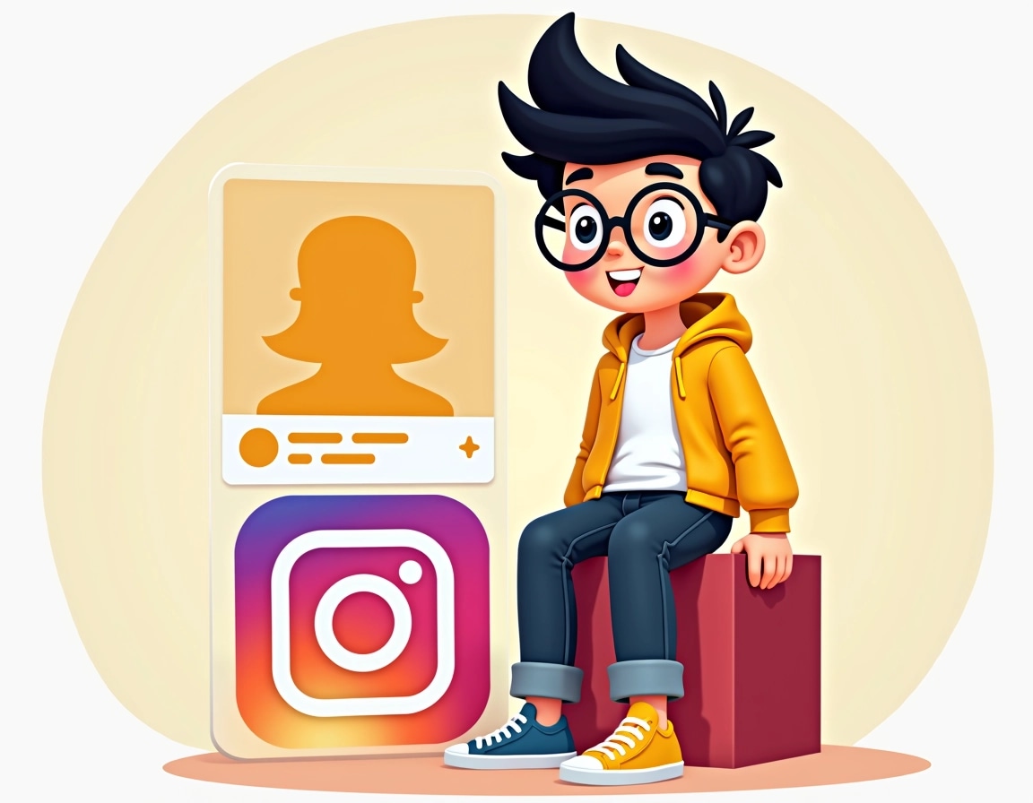 Create an illustration featuring a stylized, animated young character with spiky black hair and round glasses, sitting on a large, colorful social media logo. The character should be wearing a bright yellow hoodie over a white t-shirt and dark jeans, with colorful sneakers. Behind them, display a simplified, generic social media profile layout featuring placeholder text in an engaging font, without brand references. The background should be a soft gradient, enhancing the playful vibe.