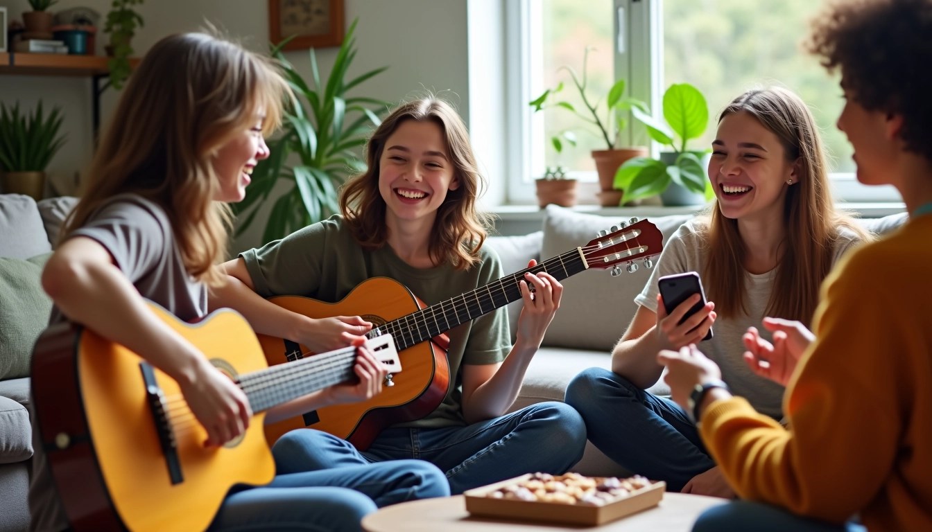 Create an image of a cozy indoor scene where a young person with a guitar is sitting on the floor, strumming. They have medium-length hair and are dressed casually. Nearby, a friend with short, curly hair wears a simple t-shirt and holds a smartphone, engaged in conversation. Another friend sits on a couch, laughing and wearing a vibrant sweater. The room is well-lit, showcasing a few houseplants and a coffee table with snacks, like a box of baked goods. The setting suggests a relaxed gathering among friends, with warm and inviting tones.