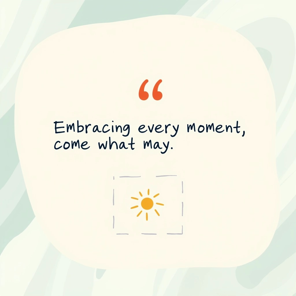 1. **Background**: Use swirling pastel colors such as light teal and soft lavender for a calming effect.
2. **Quote Marks**: Replace the red quotation marks with soft orange ones while keeping them oversized.
3. **Divider**: Change the vertical line to a dotted line in a darker shade of teal.
4. **Text Box**: Use a more rounded rectangle for the text box, filled with a light cream color for warmth.
5. **Text**: Change the quote to "Embracing every moment, come what may!" in a playful, handwritten font.
6. **Icon**: Replace the sun icon with a simple, cheerful star in a light yellow.
7. **Text Color**: Use a deep navy blue for the text for contrast against the cream background.