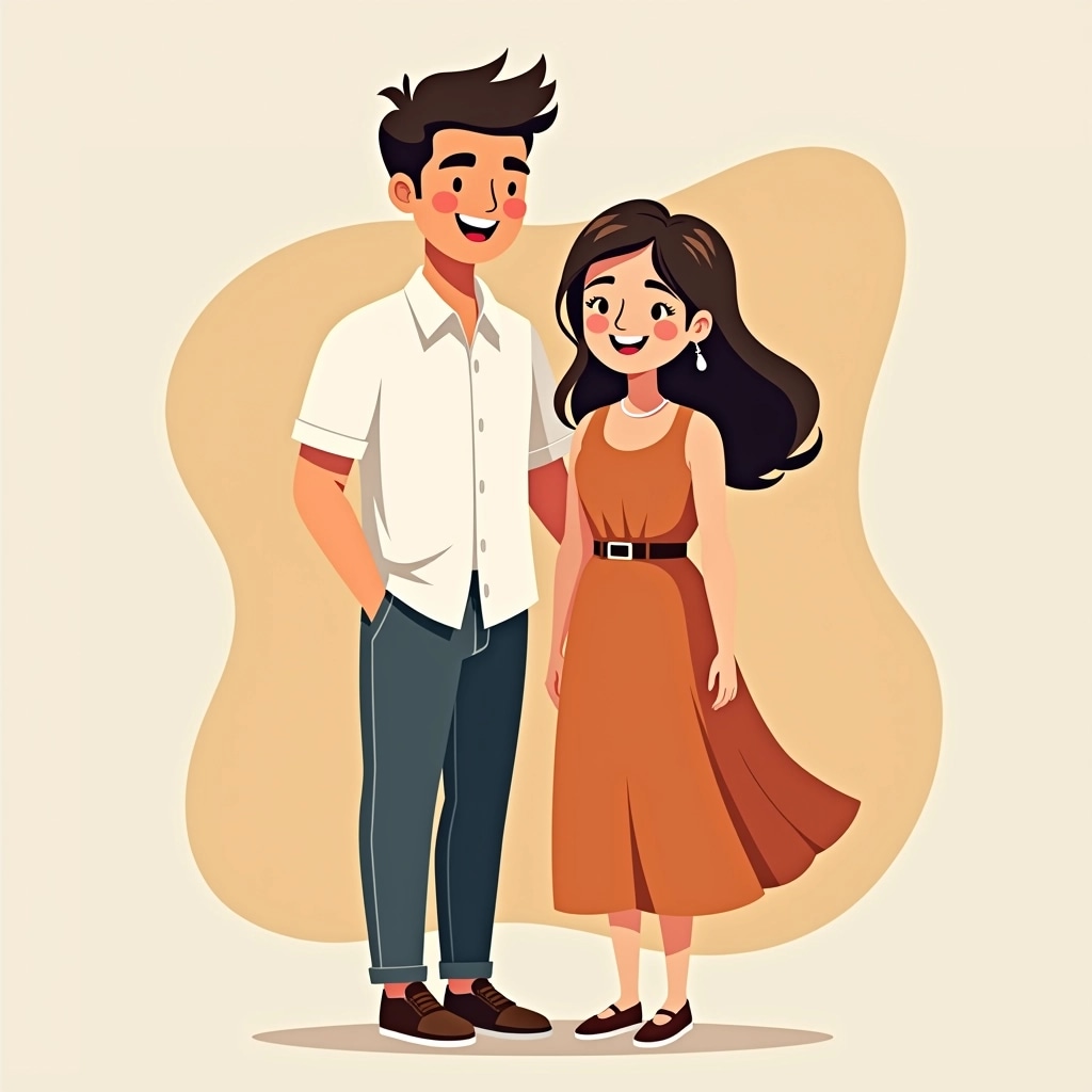 Design a couple illustration featuring a man and a woman. The man should be in a casual button-up shirt and slacks, with a relaxed posture and a warm smile. The woman should wear a modern dress with a flowy silhouette, accessorized with a belt and simple jewelry. Both figures should have cheerful expressions and be positioned together in a friendly pose, with soft, complementary colors in the background. The style should be playful and vibrant, emphasizing a sense of harmony and togetherness.