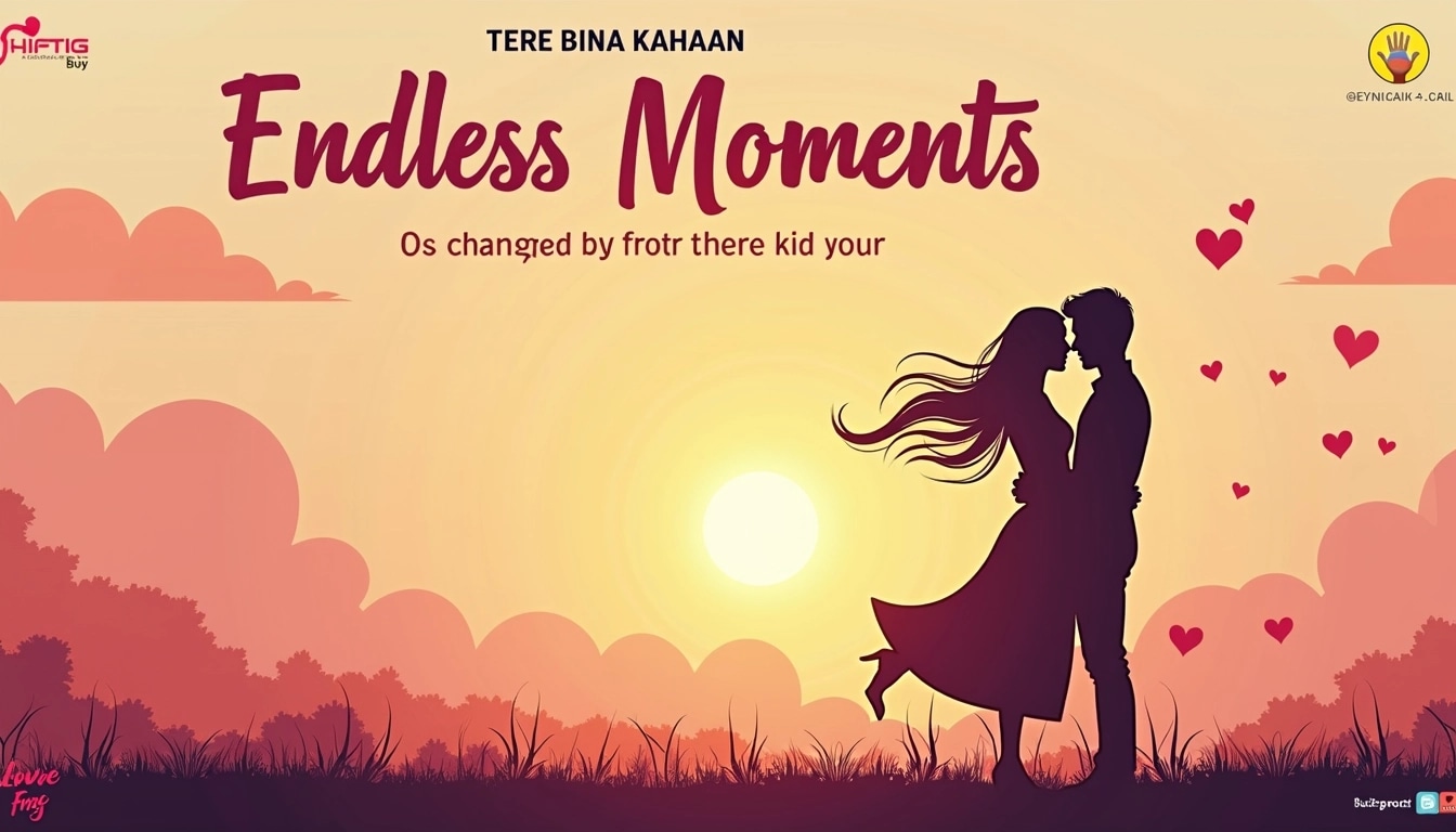 Create an image featuring a couple in a romantic pose against a sunset backdrop, with the following changes:
1. **Title**: Replace "Tere Bina Kahaan" with "Endless Moments".
2. **Color Scheme**: Use pastel colors instead of vibrant pinks and oranges.
3. **Font Style**: Opt for a handwritten script instead of the current font.
4. **Graphic Elements**: Include subtle hearts instead of music notes, scattered lightly around the text.
5. **Tagline**: Change "Love Song Buy" to "A Journey of Love".
6. **Remove any brand logos or references**: Use simple nature elements and soft clouds in the background.
Ensure the overall aesthetic maintains a dreamy and romantic vibe.