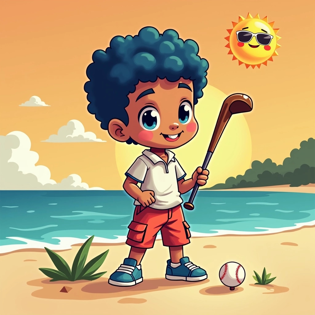 Create a chibi-style illustration of a character preparing to play golf.
1. **Character Features**:
- Change the hairstyle to curly and make it a bright color (e.g., blue).
- Alter facial expression to show concentration instead of happiness.
- Use a different outfit, such as a short-sleeved shirt and cargo shorts.
2. **Golf Equipment**:
- Replace the golf club with a baseball bat.
- Instead of a golf ball, depict a baseball on a tee.
3. **Environment**:
- Set the scene on a sandy beach instead of grass, with a small wave in the background.
4. **Color Palette**:
- Use vibrant colors for the character's clothing and a warm sunset sky.
5. **Additional Elements**:
- Add a sun wearing sunglasses in the corner of the image.
This design maintains a fun, playful aesthetic while introducing distinct features and removing brand references.