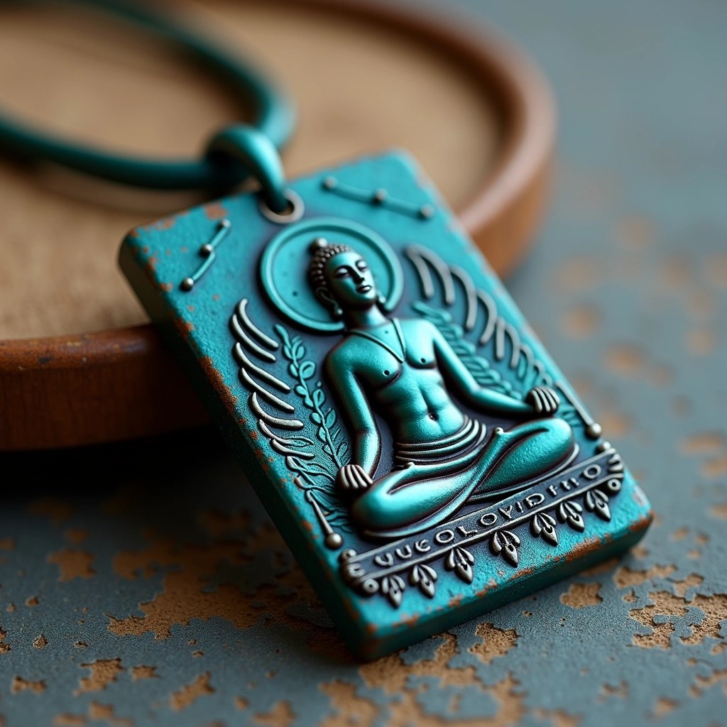 Create an artistic representation of a rectangular amulet featuring a meditative figure seated in a cross-legged position. Instead of traditional symbols, incorporate abstract patterns in the background to give a modern feel. Change the color of the amulet to a deep teal with a textured surface that mimics aged metal. Remove any specific brand or religious references. The overall design should exude a sense of tranquility and mindfulness, focusing on balance and harmony.