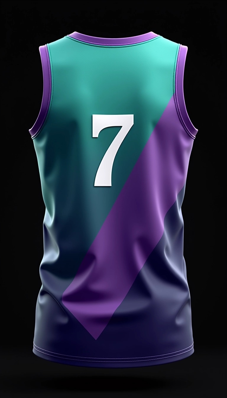 Create a basketball jersey design featuring a gradients of teal and purple colors. The jersey should have a modern geometric pattern, with a large, stylized number "7" on the front and an abstract name placeholder on the back. The overall look should convey a dynamic and energetic vibe, without any specific brand references or logos. The background should be solid black to enhance the jersey's colors.