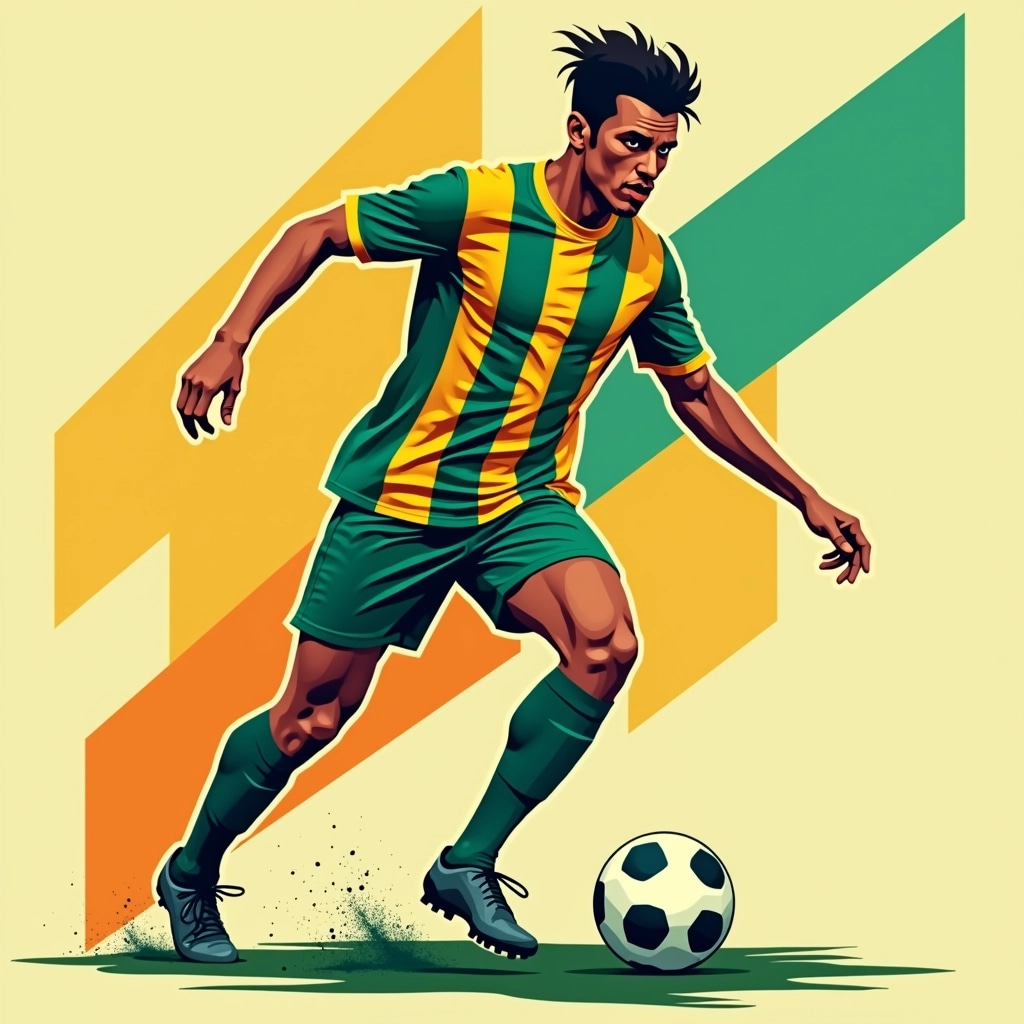 Create an illustration of a soccer player in a dynamic pose, featuring a vibrant color palette with shades of green and yellow. The background should include angular shapes in contrasting colors, such as orange and teal, to give a sense of movement and energy. The player should wear a simple striped jersey with no logos or brand references. Focus on capturing the player's intensity and concentration, with slightly exaggerated facial features to enhance the artistic style.