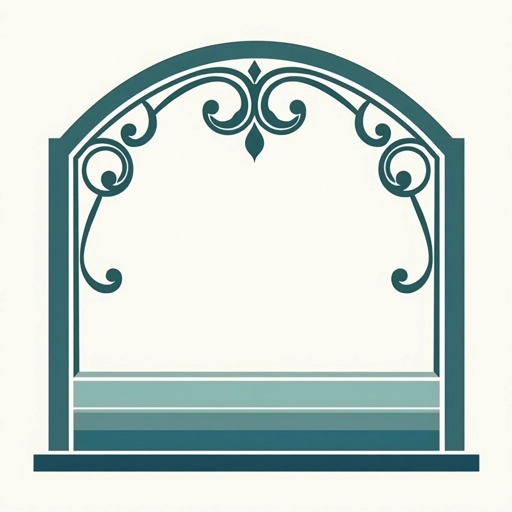 Create an ornamental design featuring a semi-circular arch at the top, adorned with simple geometric shapes instead of hanging elements. Instead of floral patterns, use abstract swirls on either side. The color gradient should transition from light teal at the top to deep blue at the bottom. Incorporate a smooth, straight line across the bottom for a base. This design should be harmonious and modern, suitable for a decorative frame.