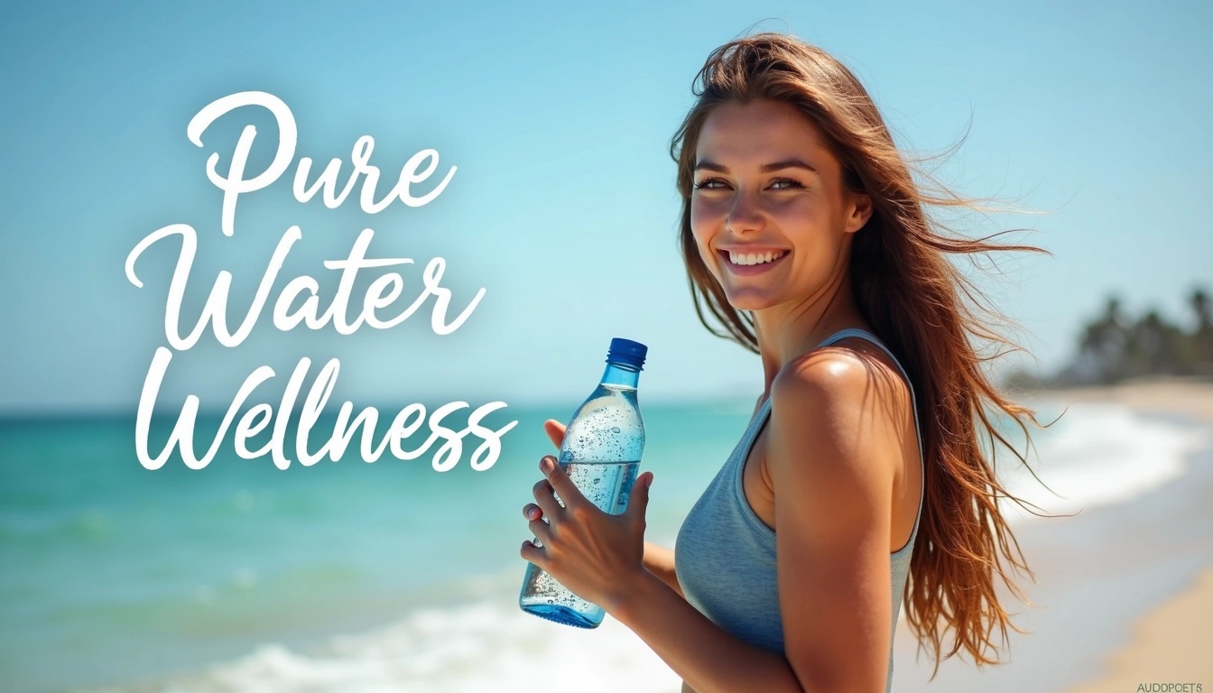 Create an image featuring a woman with long hair, holding a transparent water bottle with a unique design, standing on a beach with waves in the background. Replace the text with "Pure Water Wellness" in a modern font, placed in the upper left corner. Ensure the overall color palette is bright and vibrant, and the woman's attire is casual and suitable for outdoor activities.