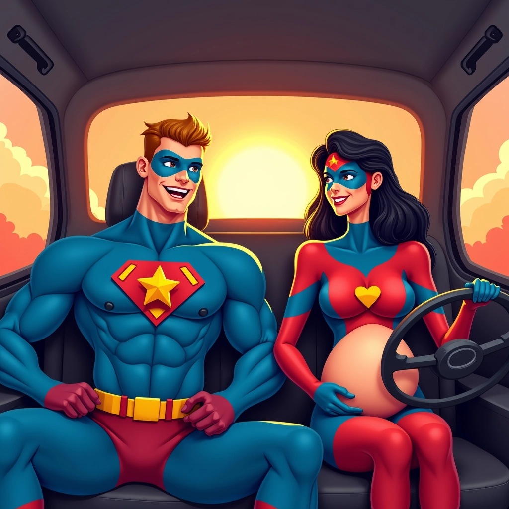 Create an image of two fictional superheroes sitting in a car. The first superhero, a muscular figure wearing a bright blue suit with a star emblem, is visibly excited. The second superhero, a slender figure in a red and blue suit with a mask, is driving the car. They're surrounded by a sunset backdrop, creating a vibrant atmosphere. The hero in the passenger seat is holding a small baby bump, showcasing joy and anticipation. Ensure the characters have unique features and do not reference any known brands or characters.
