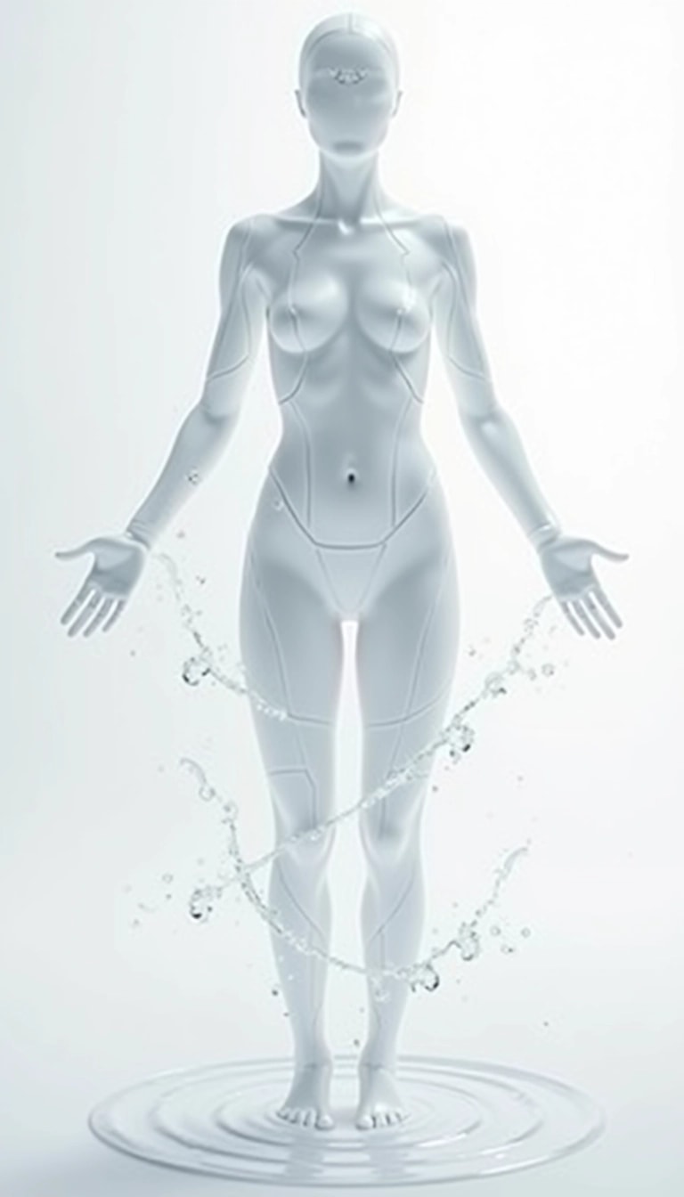 Create an image of a stylized human figure with a transparent effect, standing in a neutral pose. The figure should have a smoother, more abstract design, with flowing lines or patterns instead of a solid surface. The background should be a soft gradient, shifting from light gray to white, to create a subtle contrast. Add a dynamic element by incorporating gentle waves or ripples around the figure, suggesting movement or energy.