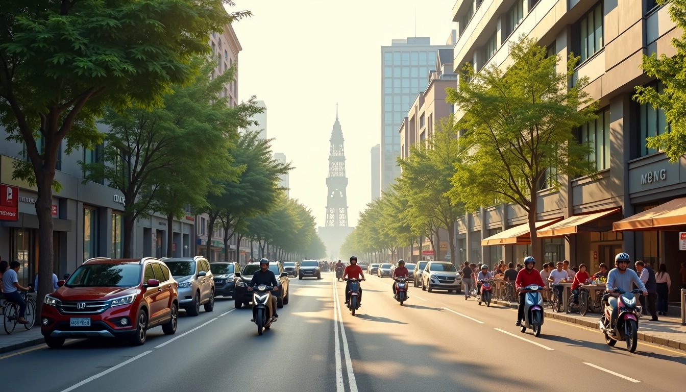 Create an image of a busy urban street scene, featuring a wide road lined with modern buildings and lush green trees. Replace the traffic with a vibrant mix of bicycles, electric scooters, and compact cars. Showcase a blend of pedestrians, street vendors selling local goods, and a distant architectural landmark that has a contemporary design. Use a hazy sky to evoke a warm afternoon ambiance, ensuring the atmosphere feels bustling yet inviting.