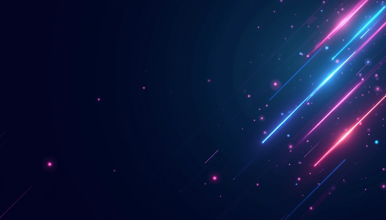 **Prompt:**
Create an abstract digital background featuring a deep navy blue color scheme with a subtle gradient effect. Incorporate dynamic diagonal lines in varying widths and lengths, using colors like bright purple, yellow, and teal, resembling light trails. Add small, scattered glowing particles throughout the design to enhance the sense of depth and motion, while ensuring the overall look feels futuristic and energetic.