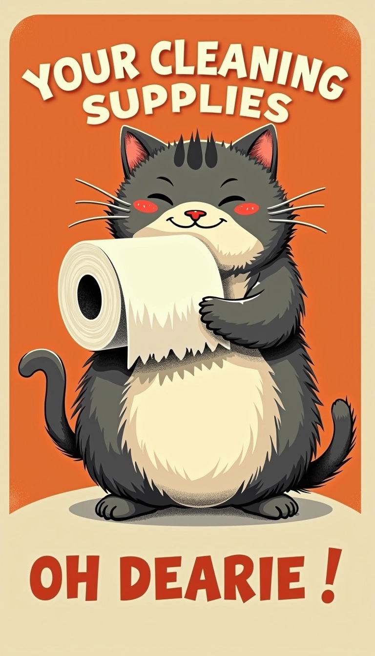 Create an image featuring a chubby cat with a playful expression, holding a roll of paper towels instead of toilet paper. Change the background color to a warm orange tone. Replace the text at the top with "YOUR CLEANING SUPPLIES" and the text at the bottom with "OH DEARIE!" Use a vintage illustration style for a charming retro look.