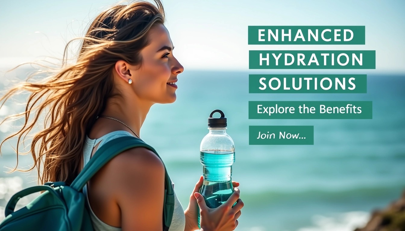 Create an outdoor promotional image featuring a young woman with long, wavy hair holding a transparent water bottle filled with a blue liquid. She is wearing a casual backpack and gazing thoughtfully into the distance with a scenic ocean background. Replace the text with "Enhanced Hydration Solutions" and "Explore the Benefits" in a modern, clear font. Adjust the colors to a more vibrant palette, using shades of green and blue to evoke freshness and vitality.
