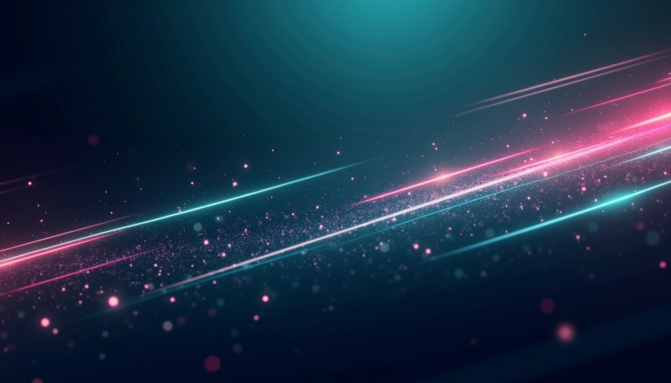 Create a dynamic background featuring a deep navy blue gradient with radiant lines of varying lengths and thicknesses. Change the color of the lines to include shades of pink, green, and white, while maintaining a glowing effect. Incorporate small, subtle particle effects scattered throughout to enhance depth. Ensure the lines are angled at different orientations to convey a sense of motion.