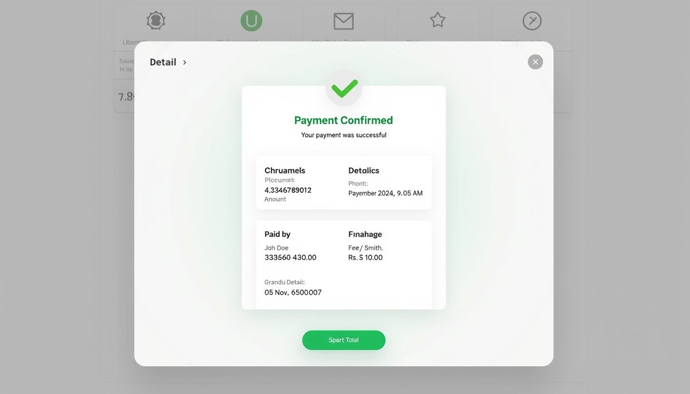 Design a transaction confirmation screen for a payment app with the following features:
1. **Header Section**:
- Replace the logo with a generic checkmark icon.
- Change the text to "Payment Confirmed" in bold green font.
- Include a message below: "Your payment was successful."
2. **Date and ID Info**:
- Format: "05 November 2024, 6:05 AM"
- Replace the ID with a random numeric string.
3. **Transaction Details Section**:
- Title: "Merchant Name" instead of "Company Name".
- Change the placeholder text to "Utility Company XYZ".
- Update consumer details to: "John Doe, 123456789012".
- Paid by: "Alex Smith, 9876543210".
4. **Financial Details**:
- Amount (label): "Payment Amount", value: "4,500.00".
- Fee/Charge: Keep the label, change the amount to "Rs. 10.00".
- Total Amount: Rename to "Grand Total", value: "Rs. 4,510.00".
5. **Footer Section**:
- Buttons for "Share", "Save", and "Export" with generic icons.
- No branding or original logos should be present.
This will create a unique but similar transaction confirmation screen.