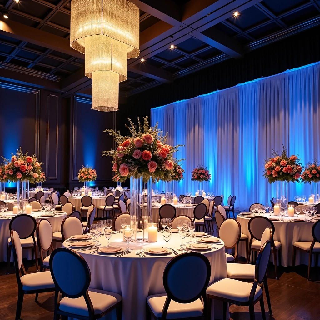 Create an elegant event hall design featuring tall, shimmering chandeliers with warm, golden lighting. The walls should be adorned with deep blue and silver accents, creating a sophisticated contrast. Round tables draped in soft white linens are set with modern tableware, including clear glass centerpieces filled with fresh, vibrant flowers and candles. Instead of large screens, incorporate artistic light projections onto the walls. The space should feel luxurious and inviting, accommodating guests while maintaining an air of exclusivity. Adjust the color palette to include shades of navy and silver throughout the decor.