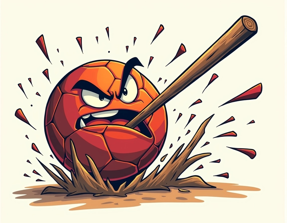 Create an illustration featuring an angry looking spherical object, similar in shape to a soccer ball, with exaggerated features like furrowed brows and a menacing grin. This object is being struck by a stylized wooden stick, where the stick is shown splintering upon impact. Surround the central action with dynamic motion lines and a burst of energy to convey intense movement, while ensuring that the background remains minimalistic to maintain focus on the primary elements. Remove any brand logos or specific references to sports.