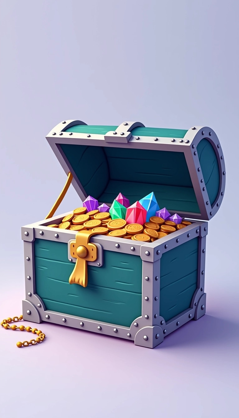 Create an illustration of a treasure chest with an open lid, featuring a variety of colorful gemstones instead of coins. Change the chest color to a deep teal with silver accents. Instead of a heavy chain, add a delicate golden ribbon tied around the chest, creating a more elegant appearance. The background should be a subtle gradient from light lavender to pale blue.
