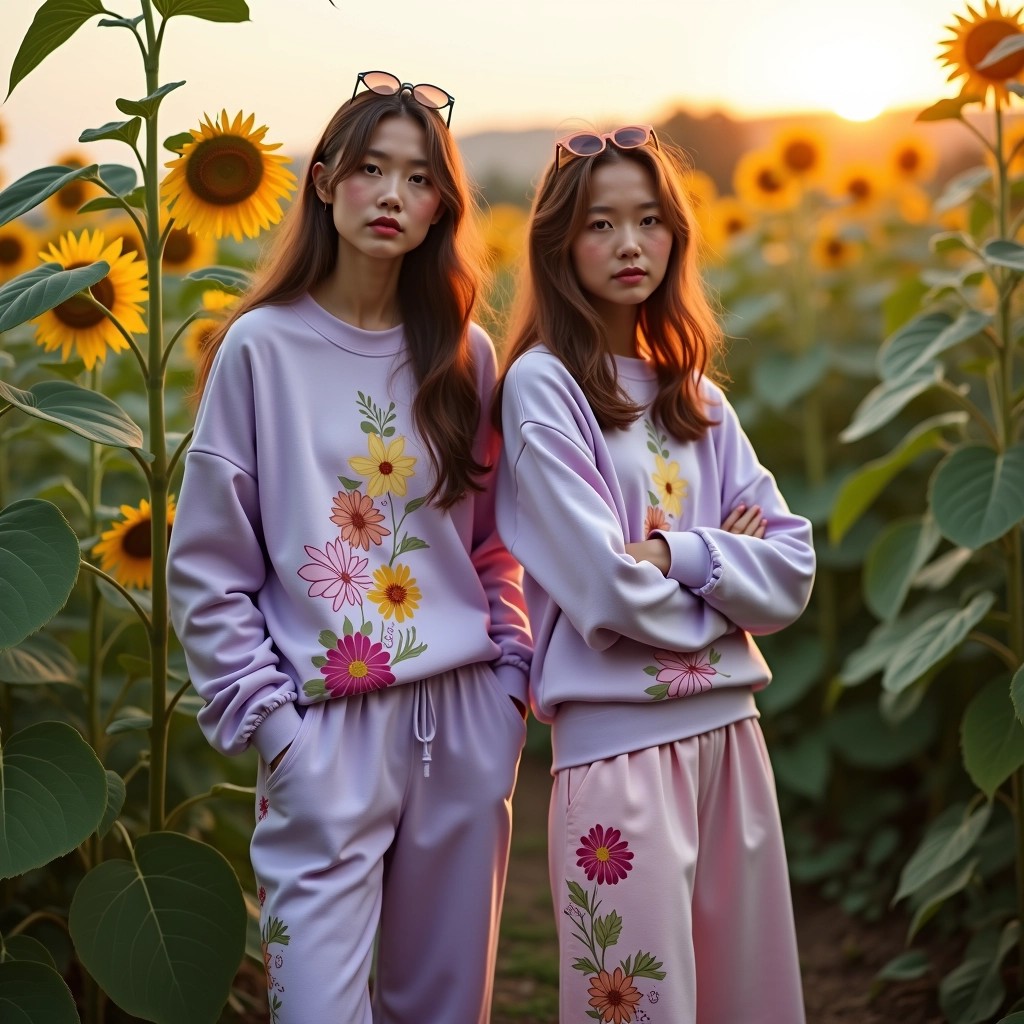 **Image Design Breakdown Prompt:**
1. **Setting:** A lush, overgrown field, possibly a sunflower field at dusk to create an enchanting atmosphere with soft, golden light filtering through the plants.
2. **Outfit Design:** Replace the original design with matching oversized sweatshirts in a soft pastel color (like lavender) featuring abstract floral patterns. The sweatpants should have a slightly tapered cut with complementary pastel colors and floral accents on the sides.
3. **Model Poses:** The models stand confidently, with one leaning slightly against a tall plant while the other has arms crossed. They should be positioned a few feet apart to create depth.
4. **Hair and Accessories:** Keep the models’ hairstyles natural and flowing, but introduce subtle, colorful hair clips or ribbons to add a playful touch.
5. **Lighting:** Use a soft, dreamy filter to enhance the warmth of the setting sun, ensuring the light softly highlights the models' features and outfits without harsh shadows.
6. **Overall Vibe:** Aim for a serene yet stylish aesthetic that conveys a sense of peace and harmony with nature, allowing the outfits to stand out while blending seamlessly with the playful environment.