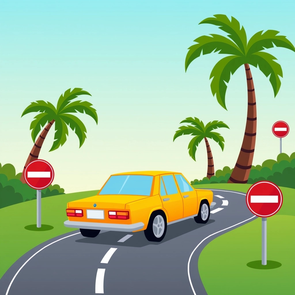 Create an illustration featuring a stylized yellow car parked on a winding road. Surround the car with various traffic signs, including a roundabout sign, a no entry symbol, and a left turn indication. Replace the “Driver’s License” card with a generic document. Remove any brand references and include palm trees in the background, giving it a vibrant, sunny atmosphere. Use a light blue gradient for the sky to enhance the cheerful tone.