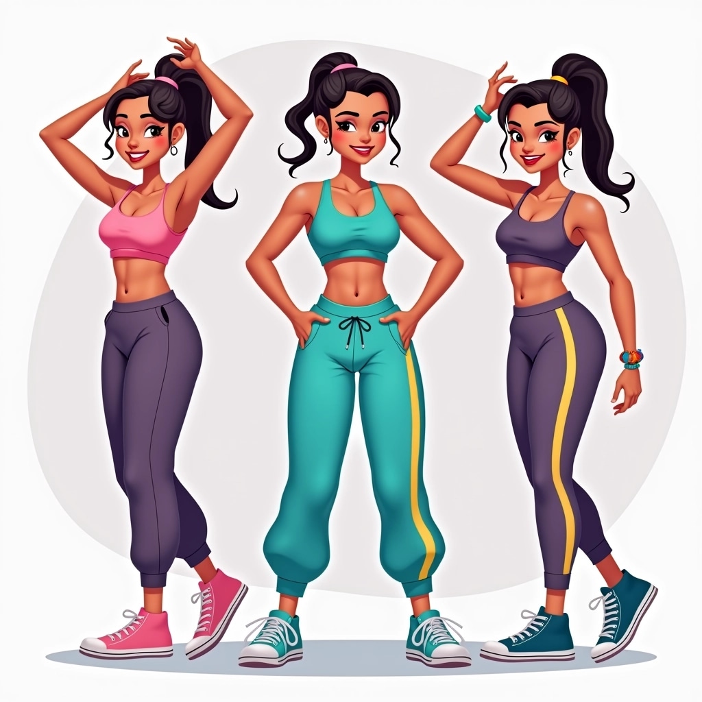 **Design Breakdown Prompt:**
1. **Pose:**
- Change the dynamic pose to a more relaxed stance, one hand on the hip and the other raised casually.
2. **Outfit Colors:**
- Replace the bright turquoise with a muted purple and change the pink accent to a soft yellow.
3. **Top Design:**
- Alter the crop top to a longer, fitted tank with a high neckline and remove any cut-out sections.
4. **Pants Style:**
- Switch the baggy sweatpants to fitted joggers that taper at the ankle, with a subtle stripe along the side in a contrasting color.
5. **Footwear:**
- Change the shoes to high-top sneakers with a more minimalist design, possibly in a single solid color.
6. **Accessory Alterations:**
- Remove the wrist bands and replace them with a single bracelet on one wrist.
7. **Hair Style:**
- Change the hairstyle to a sleek ponytail instead of loose, flowing locks.
8. **Background:**
- Utilize a soft gradient background to provide a modern look instead of a transparent backdrop.
This reimagined design maintains the energy and style of streetwear dance fashion while giving it a unique twist.