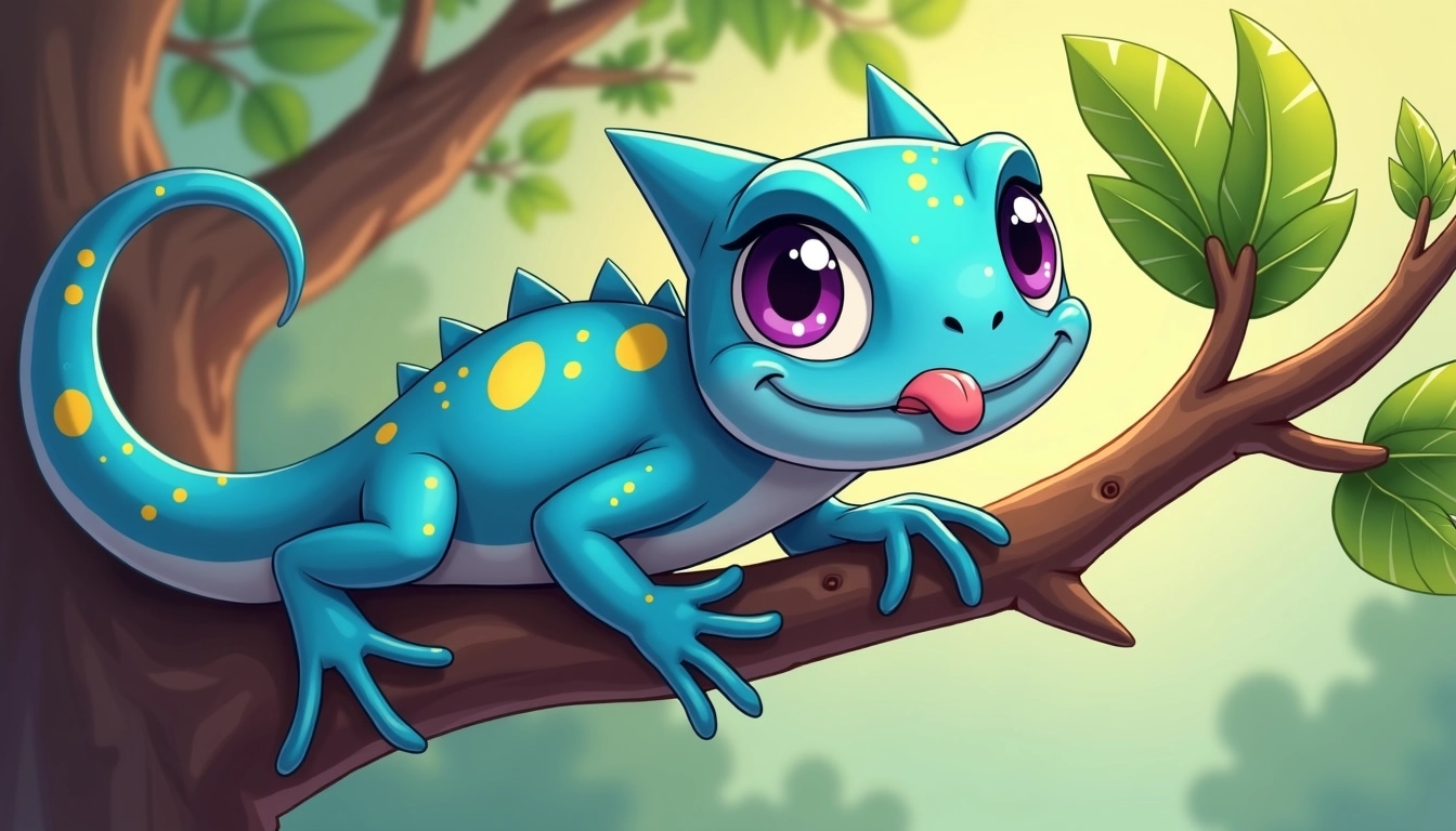 **Prompt:**
Create a cartoonish image of a lizard hanging from a branch. The lizard has a bright blue body with yellow spots and large, expressive purple eyes. Instead of a forked tongue, it sticks out a small, curious tongue. The branch is thick and brown, with vibrant green leaves sprouting from it. The lizard's tail should curl around the branch, and its body should feature a smooth texture with subtle shine to give it a lively appearance. No brand references are included.