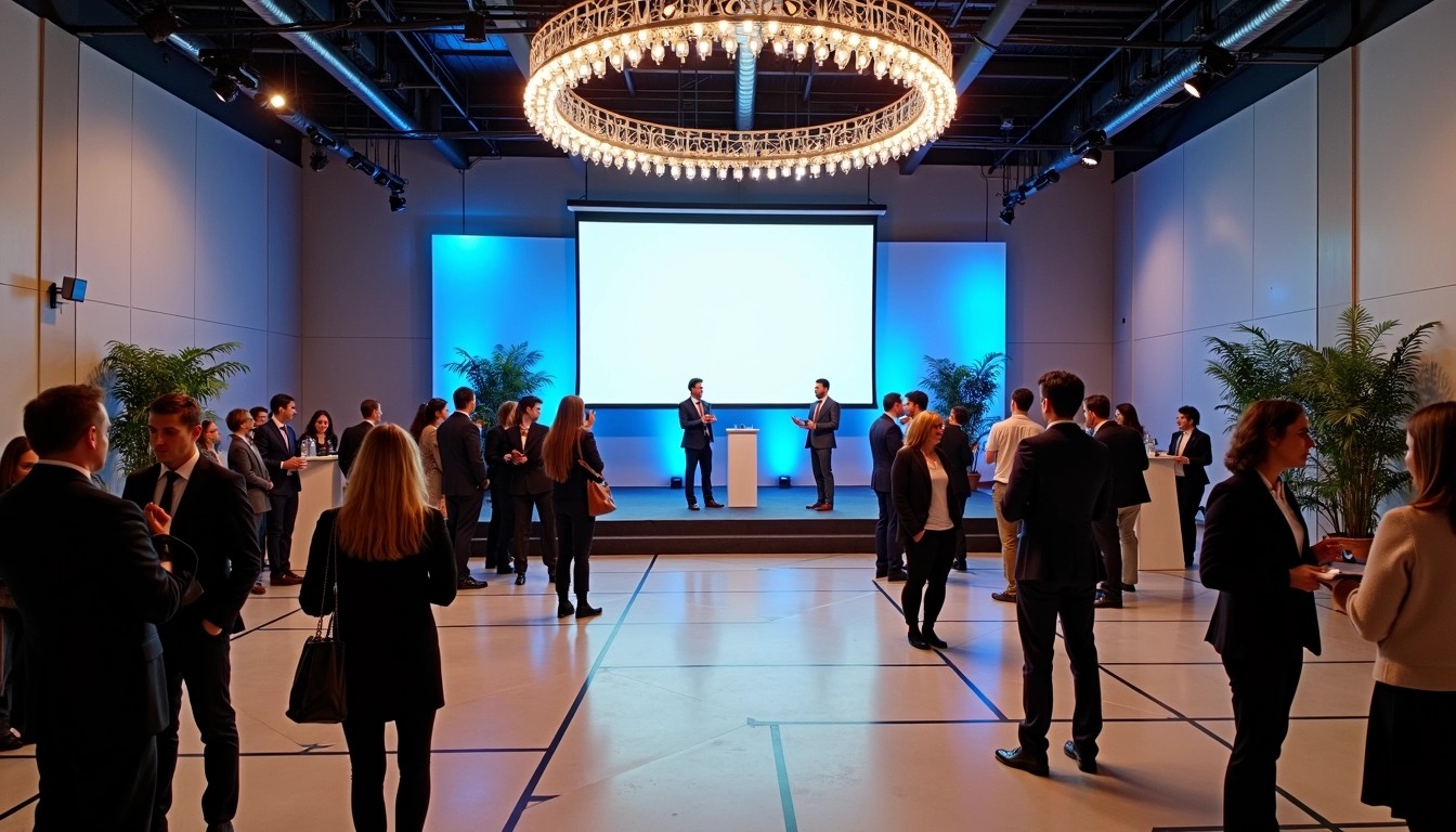 Design a spacious indoor event space featuring a large screen displaying a presentation with two professional speakers. Replace the elegant circular chandelier with a modern geometric light fixture. Instead of branding materials, use neutral-colored banners and tables with simple, unbranded displays. The flooring should have a unique geometric pattern, and add potted plants for a welcoming touch. Attendees should be engaged in conversation, wearing business casual attire, creating a lively yet professional atmosphere.