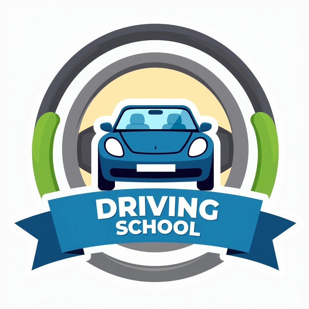 Create a logo design featuring a steering wheel in the background with a stylized blue car in the center. Replace the red text with bold, sans-serif font, and use a blue banner at the bottom for the text. The words should say "DRIVING SCHOOL" instead of any brand name. Use green accents on the banner. The overall look should convey a sense of safety and education.